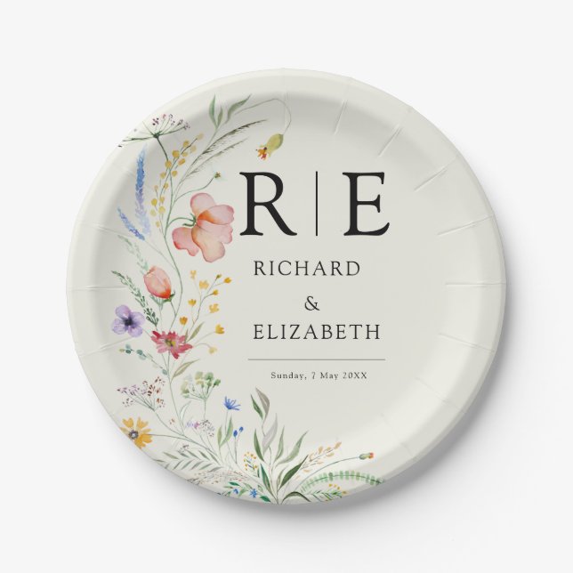 Modern Wildflower Minimal Elegant Wedding Paper Plate (Front)