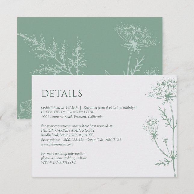 Modern Wildflower Minimal Sage Green Wedding Enclosure Card (Front/Back)