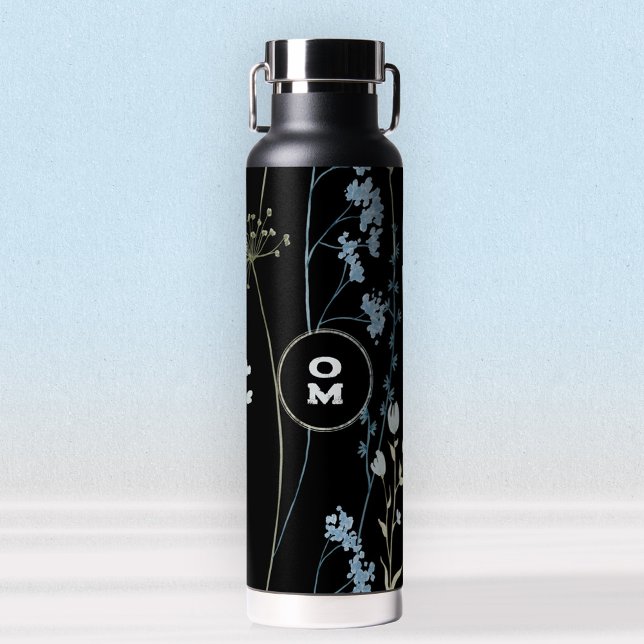 Modern Wildflower Monogram Black Light Blue Large Water Bottle (Modern Wildflower Monogram Black Light Blue Large Water Bottle ©Susanne Sachers - Sunny Mind Design )