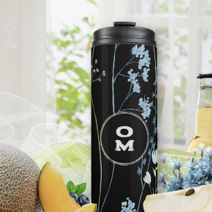 Modern Wildflower Monogram Black Light Blue Thermal Tumbler
