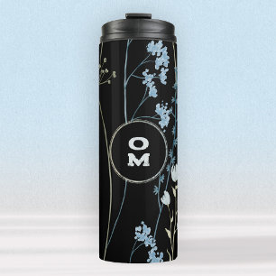 Modern Wildflower Monogram Black Light Blue Thermal Tumbler