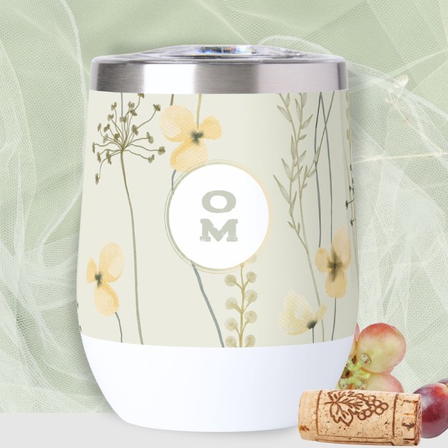 Modern Wildflower Monogram Yellow Green Floral (Sage Green Monogram Wine Thermal Wine Tumbler ©Susanne Sachers - Sunny Mind Design 🌞)