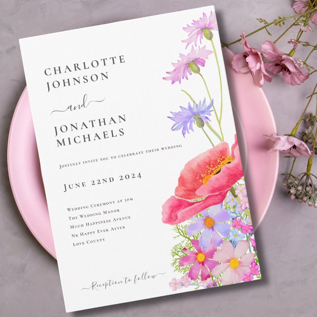 Modern Wildflower Pastel Watercolor Wedding Invitation (Modern wildflower pastel watercolor pink purple wedding invitation )
