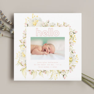 modern wildflower pink girl hello baby birth announcement