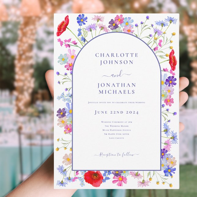 Modern Wildflower Purple Arch Invitation (Modern colorful wildflower arch wedding invitation elegant purple typography watercolor floral)
