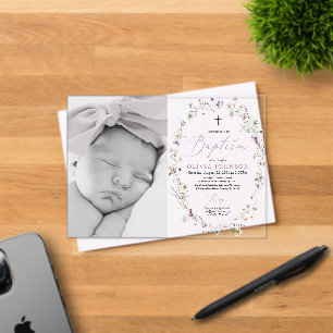 Modern Wildflower Purple Girl Photo Baptism Acrylic Invitations