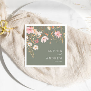 Modern Wildflower   Sage Green Garden Wedding Napkin