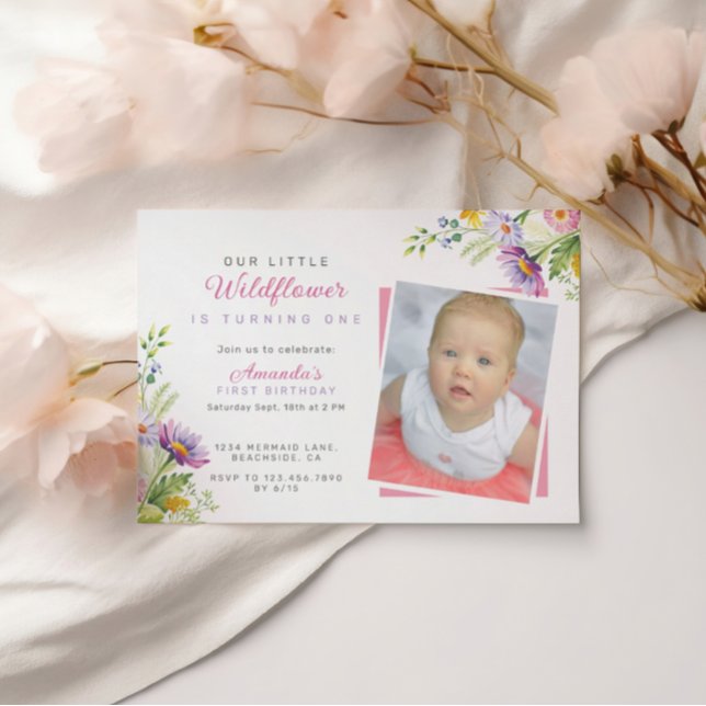 Modern Wildflower Script Photo 1st birthday Invitation (Creator Uploaded)