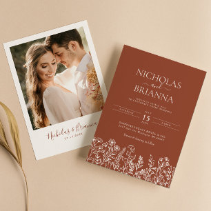 Modern Wildflower Terracotta Burnt Orange Wedding Invitation