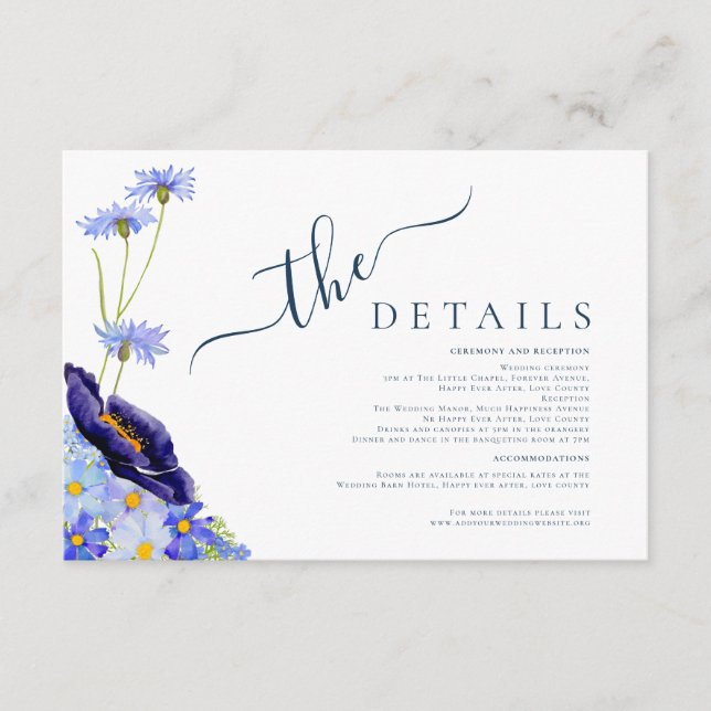 Modern Wildflower Watercolor Blue Wedding Details Enclosure Card (Front)
