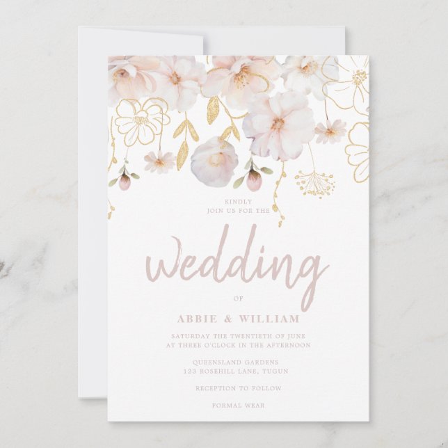 Modern Wildflower Watercolor Blush & White Wedding Invitation (Front)