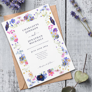 Modern Wildflower Watercolor Navy Blue Blush Pink Invitation