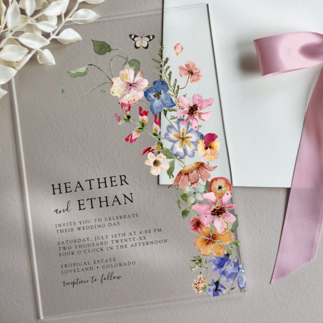 Modern Wildflower Wedding Acrylic Invitations (Modern Watercolor Wildflower Wedding Acrylic Invitations with Butterfly by Painted Paperie
)