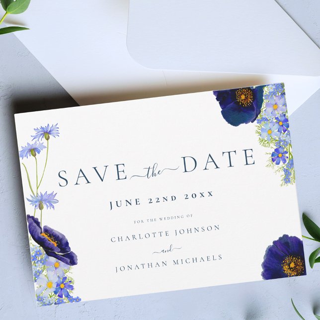 Modern Wildflower Wedding Save The Date (Elegant wildflower watercolor blue wedding save the date invitation boho Garden meadow flowers)