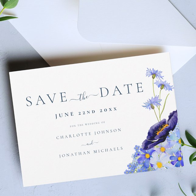 Modern Wildflower Wedding Save The Date (Elegant wildflower boho blue wedding save the date invitation garden meadow Watercolor florals)
