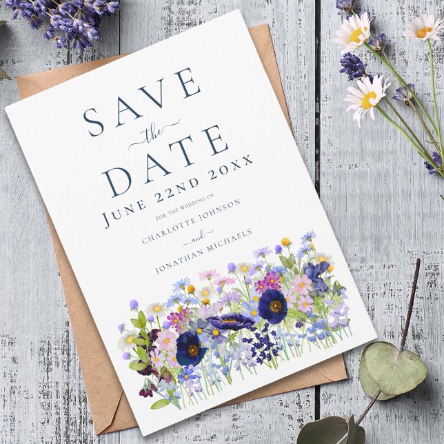 Modern Wildflower Wedding Save The Date (Colorful wildflower meadow blue wedding save the date invitation )