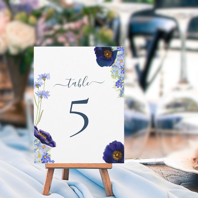 Modern Wildflower Wedding Table Number (Elegant wildflower watercolor blue floral stylish typography script wedding table number)