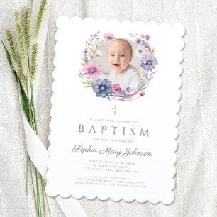Modern Wildflower Wreath Girl Baptism Photo Invitation