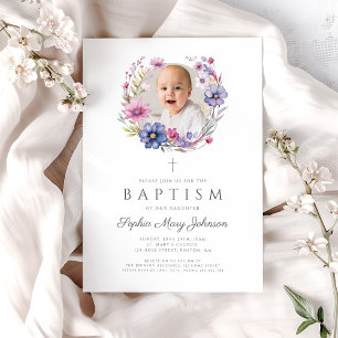 Modern Wildflower Wreath Photo Baptism Invitation
