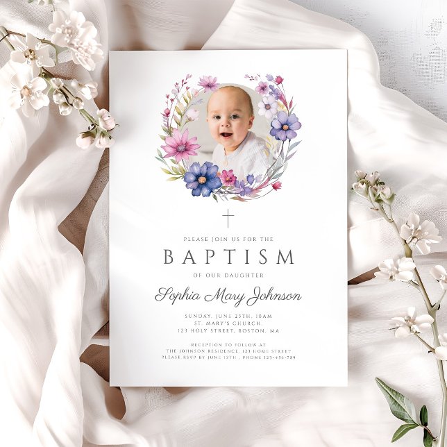 Modern Wildflower Wreath Photo Baptism Invitation (Modern Wildflower Wreath Photo Baptism Invitation)