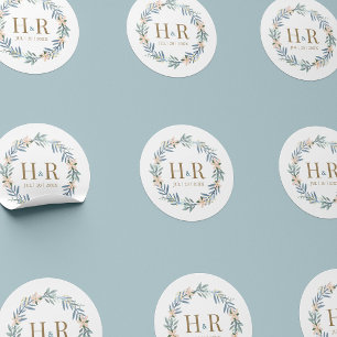 Modern Wildflower Wreath Wedding Monogram Sticker