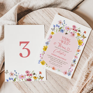 Modern Wildflower Young Wild Three 3rd Birthday Invitation