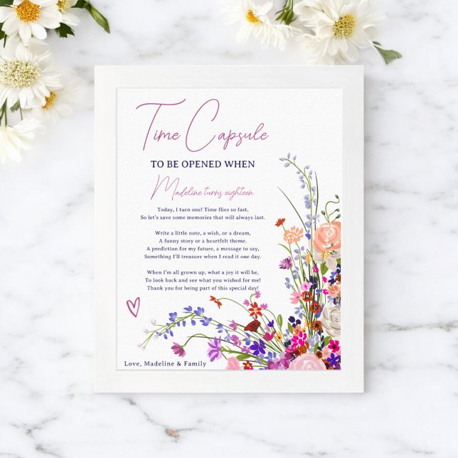 Modern wildflowers 1st birthday time capsule poster (Modern wildflowers 1st birthday time capsule poster)