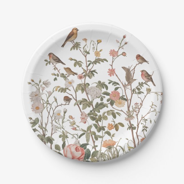 Modern wildflowers & birds Birthday or Shower      Paper Plate (Front)
