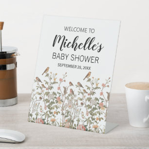 Modern wildflowers & birds Welcome Baby Shower Pedestal Sign