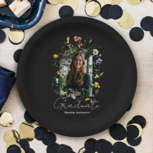 Modern Wildflowers Black Arch Photo Graduate Party Paper Plate
