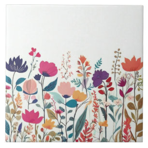 Modern Wildflowers - Colourful Floral Flowers Ceramic Tile