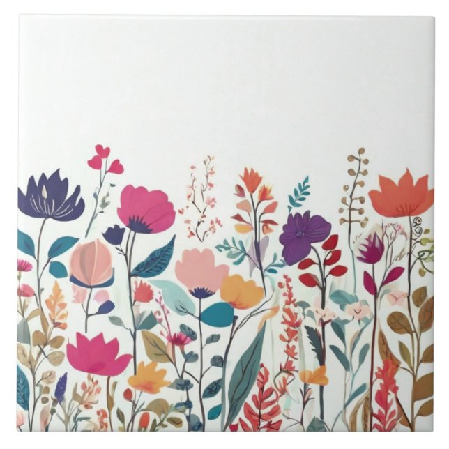 Modern Wildflowers - Colourful Floral Flowers Ceramic Tile (Front)
