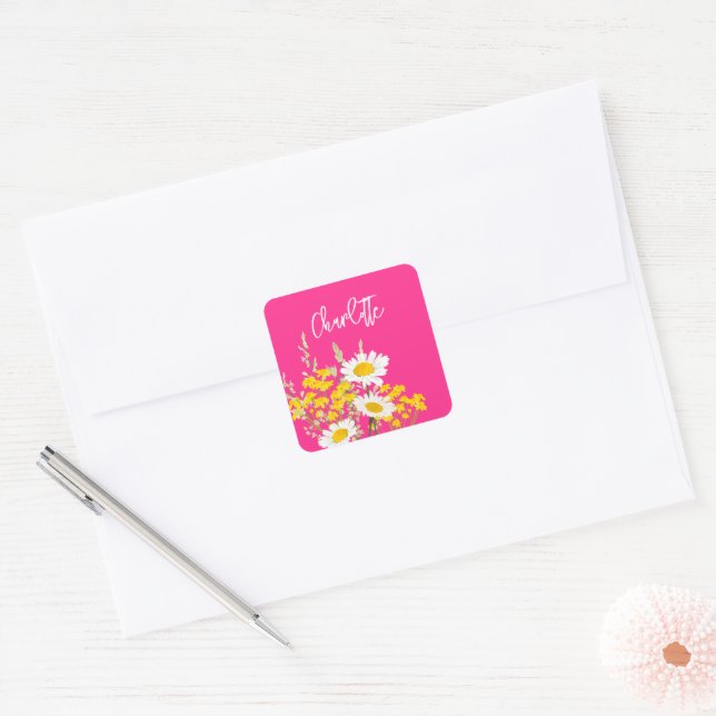 Modern Wildflowers Custom Monogram Square Sticker (Envelope)