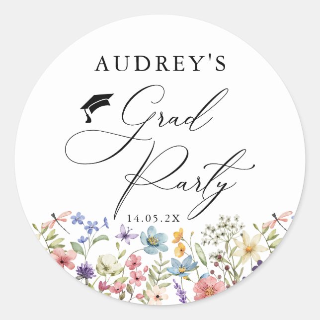 Modern Wildflowers Floral  Grad Party  Classic Round Sticker (Front)