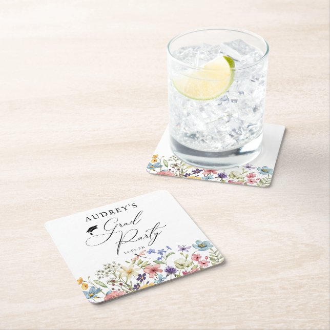 Modern Wildflowers Floral  Grad Party  Square Paper Coaster (Insitu)
