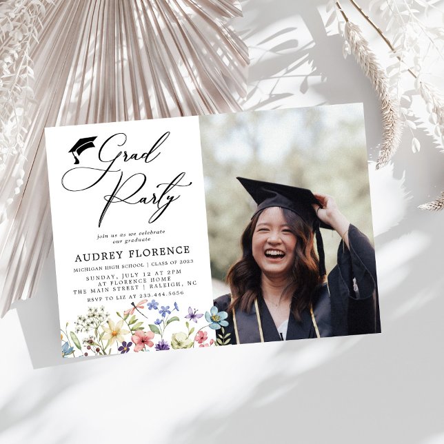 Modern  Wildflowers Floral Photo Graduation Party Invitation (Creator Uploaded)