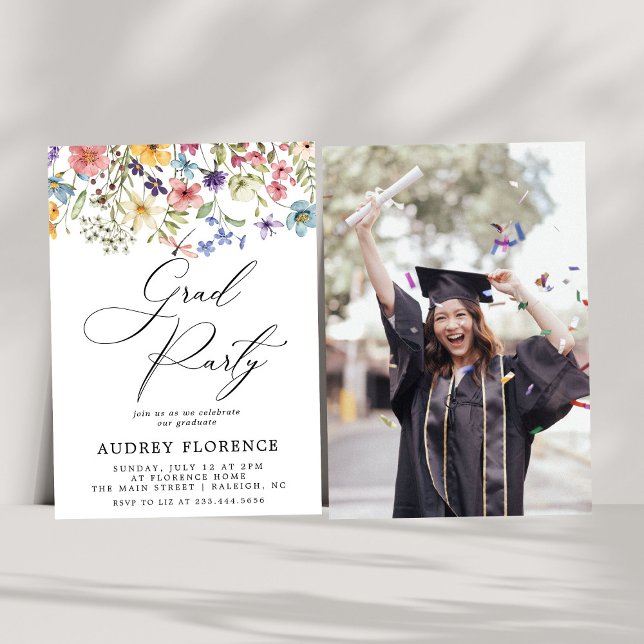 Modern  Wildflowers Floral Photo Graduation Party Invitation (Creator Uploaded)