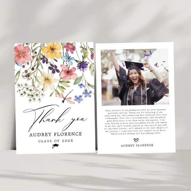 Modern Wildflowers Floral Photo Graduation Party Thank You Card | Zazzle
