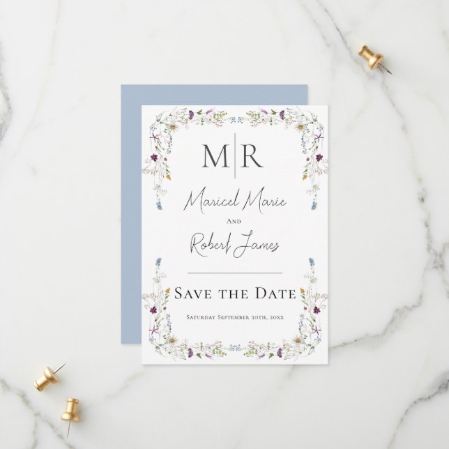 Modern Wildflowers Monogram Blue Wedding Save The Date (Front/Back In Situ)