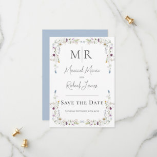 Modern Wildflowers Monogram Blue Wedding Save The Date