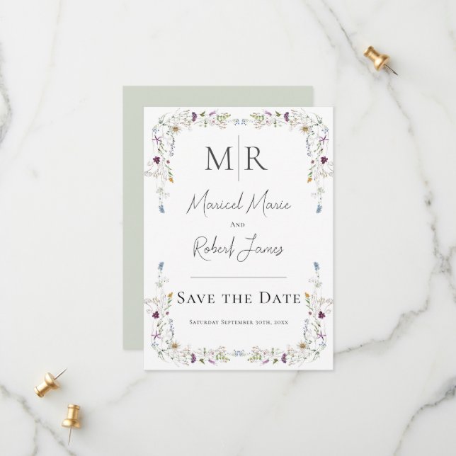Modern Wildflowers Monogram Green Wedding Save The Date (Front/Back In Situ)