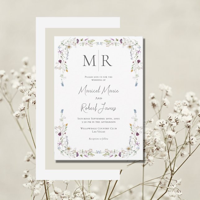 Modern Wildflowers Monogram Wedding Invitation (Creator Uploaded)