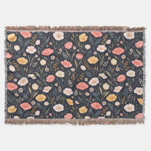 Modern Wildflowers on a Navy Background Throw Blanket