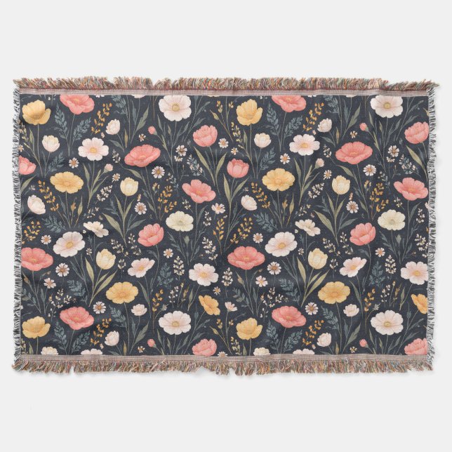 Modern Wildflowers on a Navy Background Throw Blanket (Front)