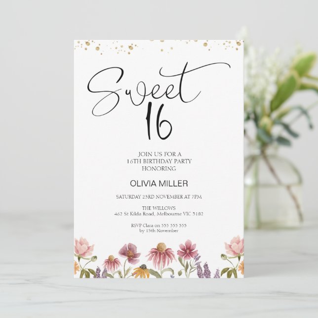 Modern Wildflowers Sweet 16th Birthday Invitation (Standing Front)