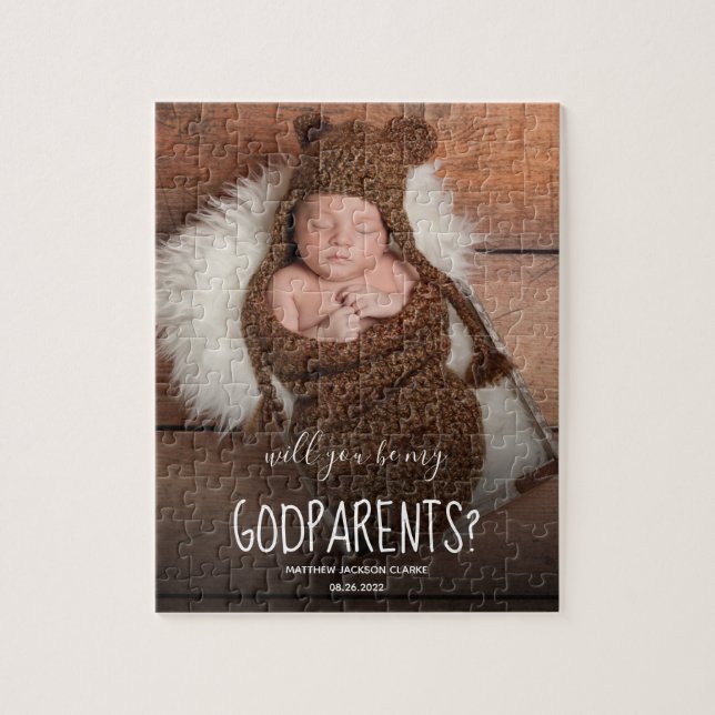Modern Will You Be My Godparents Baby Jigsaw Puzzle (Vertical)