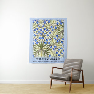 Modern William Morris Blue Floral Leaves Tapestry