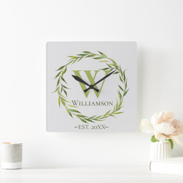 Modern Willow Leaves Monogrammed Square Wall Clock (Home)