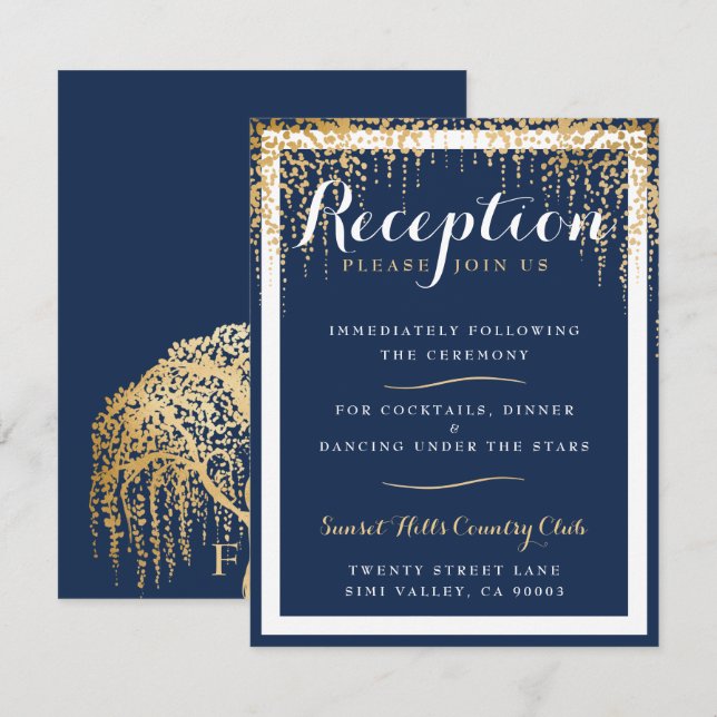 Modern Willow Tree Blue Gold Wedding Reception Invitation (Front/Back)