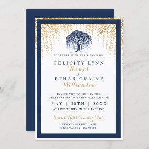Modern Willow Tree Navy Gold Wedding Invitation